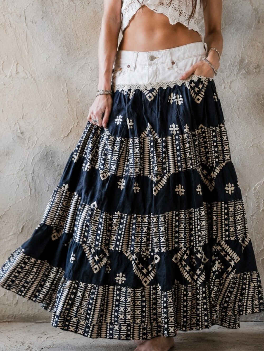 Authentic Boho Maxi SkirtDesigner Upcycled European Cotton Denim Shabby Chic